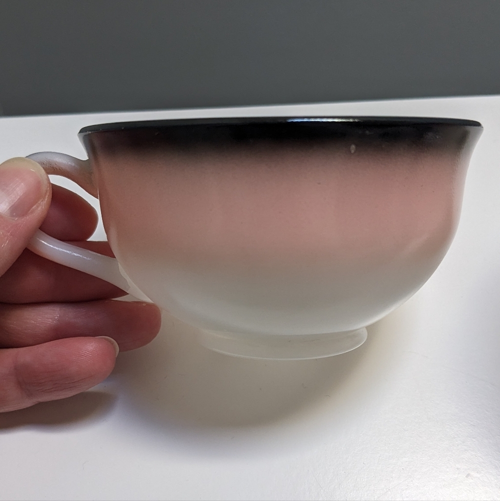Vintage 1950s Hazel Atlas Pink & Black Ovide Milk Glass Cups and Cream Pitcher - Picture 2 of 9